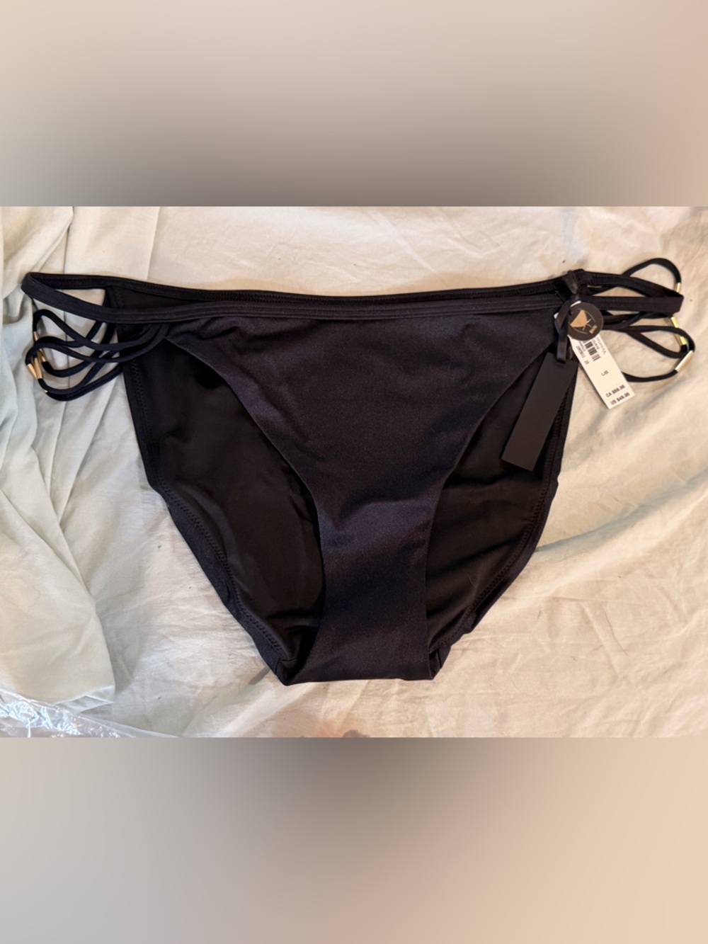 Victoria Secret Black Women's Bikini Bottoms with Side Ties Gold Hardware Sz L